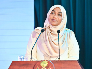 First lady Sajidha Mohamed speaking at the ceremony to unveil the logo