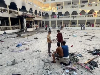 This image from a video shows the yard of the Gaza City school after being hit by an Israeli air strike on August 10, 2024
