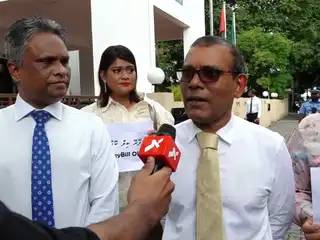 Former President Mohamed Nasheed speaks at a rally organized by the MDP.