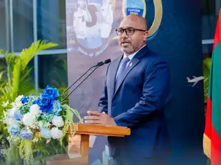 Minister of Homeland Security, Labour and Technology, Ali Ihusaan, addressing the ceremony held to commemorate the 136th anniversary of the Maldives Customs Service.