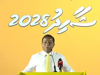 Ahmed Abdulla delivers his remarks during the 'Shahid 2028' rally held in Kulhudhuffushi City.