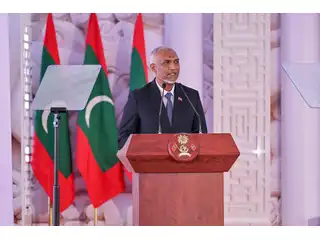 President Dr. Mohamed Muizzu delivers his address at the official ceremony marking National Day.