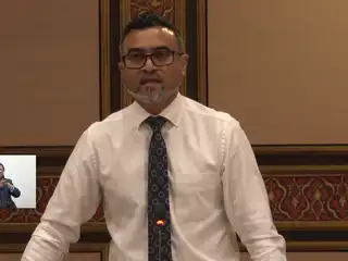 Ibrahim Nazil, Member of Parliament for the South Hithadhoo constituency and Leader of the MDP Parliamentary Group, delivers his remarks during Monday's session of the People's Majlis.