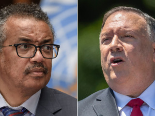 ޑަބްލިއުއެޗްއޯގެ ޑިރެކްޓަރ ޖެނެރަލް ޓެޑްރޯސް އަދެނޯމް، އިނގިރޭސިވިލާތުގެ ސެކެޓްރީ އޮފް ސްޓޭޓް މައިކް ޕޮމްޕެއޯ