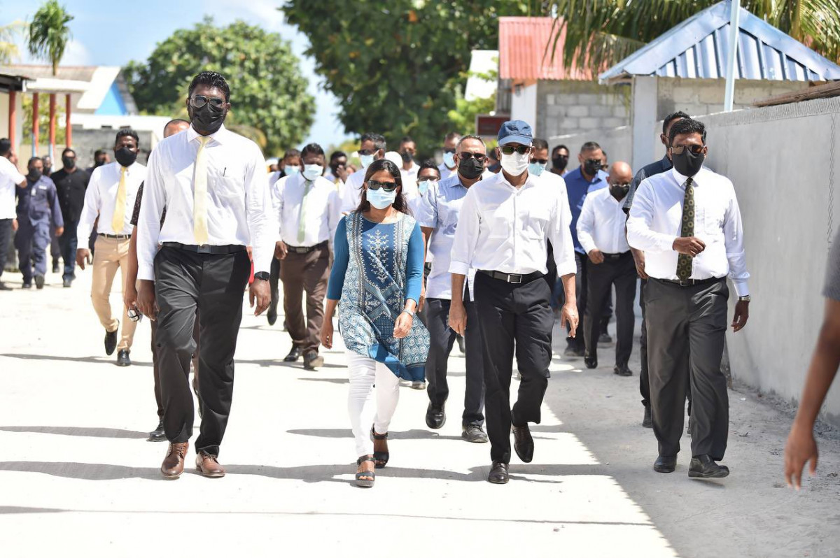 The first couple traveled to southern division of the atoll on Friday