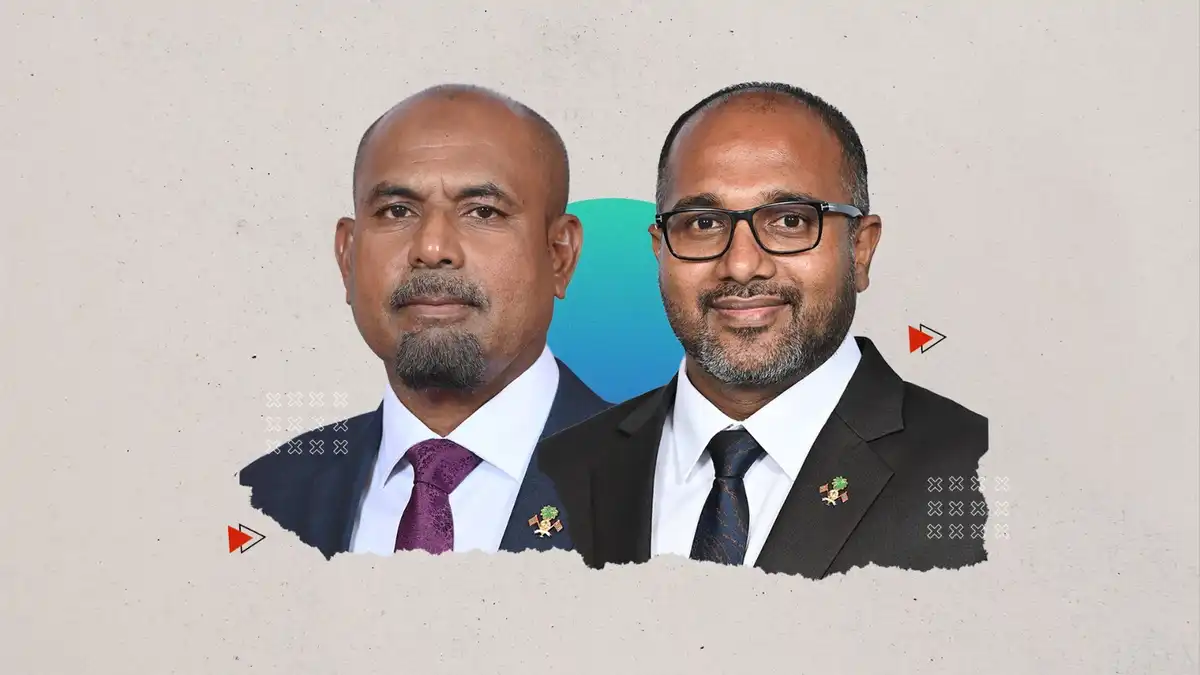 ޑިފެންސް މިނިސްޓަރު ޙަސަން ރަޝީދު އާއި ހޯމް މިނިސްޓަރު އަލީ އިޙްސާން.