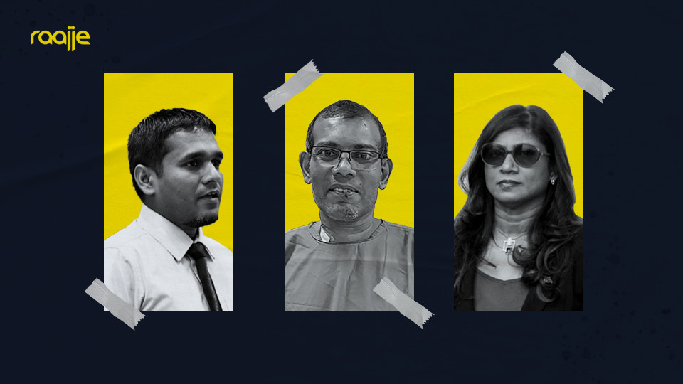 (L to R) Hulhudhoo constituency MP Ilyas Labeeb, Speaker and former President Mohamed Nasheed and Defence Minister Mariya Didi