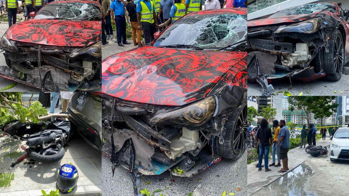 ރޭސިން ކާރެއް ކޮންޓްރޯލެއް ނުވެ ހިނގި ނުރައްކާތެރި އެކްސިޑެންޓެއް