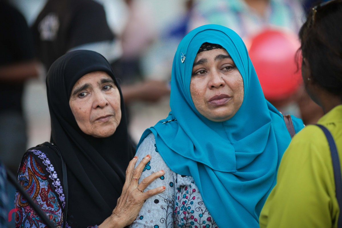 Mother of journalist Ahmed Rilwan (L)- who was abducted in August 2014- also joined the demonstration. Yameen was a close friend of Rilwan, and had vehemently fought for progress in the investigation 