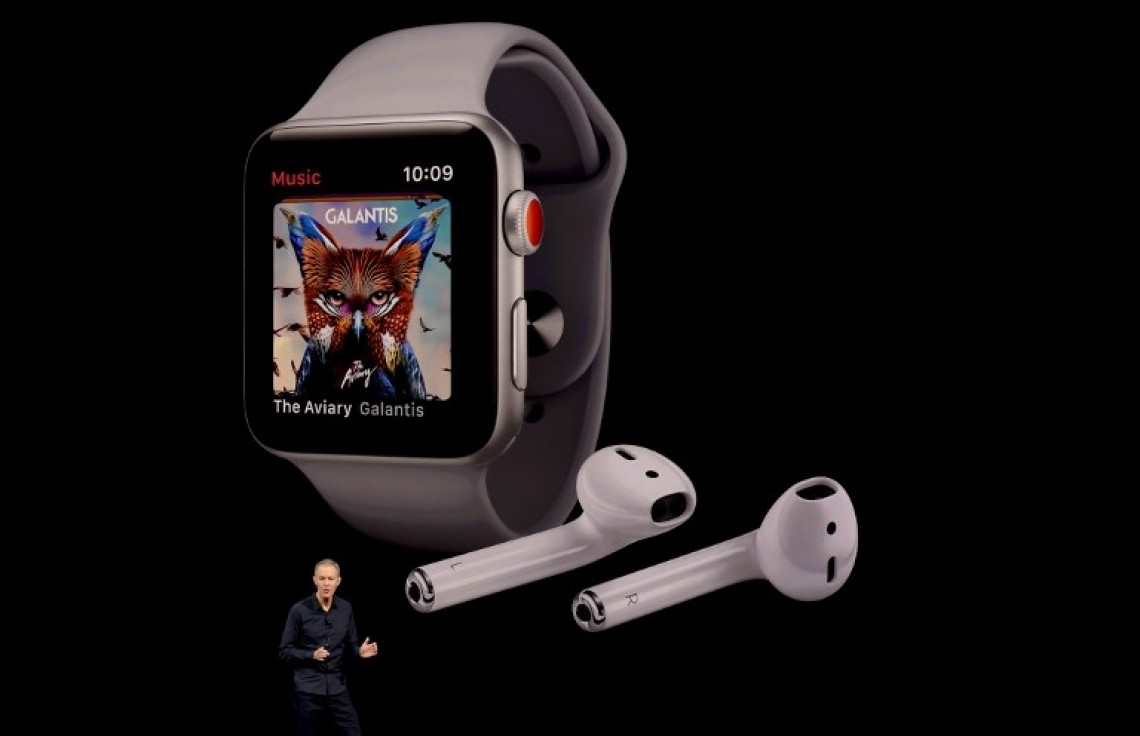 ސެޕްޓެމްބަރު 12، 2017: އެޕަލްގެ އައު ހެޑްކުއާޓާޒްގައި ބޭއްވުނު ހަފްލާގައި އައު އެޕަލް އިއާޕޮޑްސް އާއި އެޕަލް ވޮޗް ދައްކާލަނީ، އައު އެޕަލް ވޮޗް ބޭނުންކުރުމަށް އައިފޯނެއް ބޭނުމެއްނުވޭ