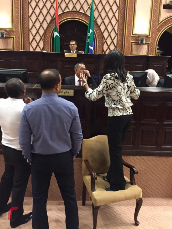 A raised dais was erected to create a barrier between the Speaker and Parliamentarians