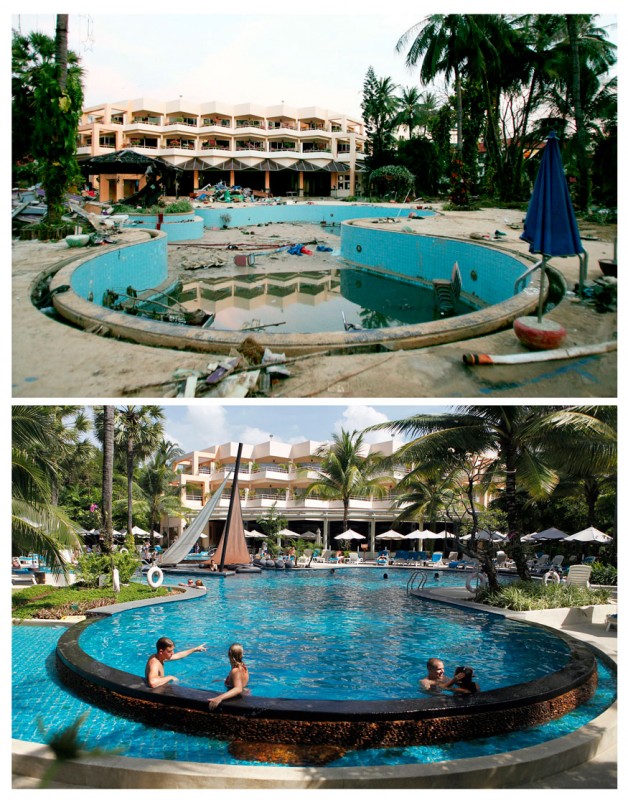 ތައިލެންޑްގެ ހޮޓެލެއްގެ ޕޫލް ސަރަހައްދު ސުނާމީ އެރުމުގެ ކުރިންނާއި އޭގެ އަހަރުތަކެއް ފަހުން: 2004 ވަނަ އަހަރު އެރި ސުނާމީގެ ސަބަބުން 224،000 އަށް ވުރެ ގިނަ މީހުން ވަނީ މަރުވެފައި