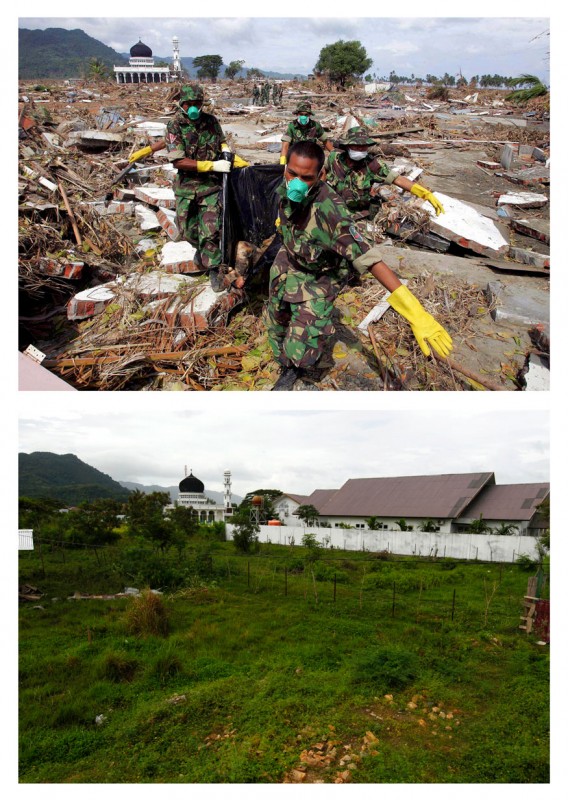 ފޮޓޯ އިން މި ފެންނަނީ 2004 ގެ ސުނާމީގެ ސަބަބުން މަރުވެފައިވާ މީހެއްގެ ހަށިގަނޑު އިނޑޮނީޝީއާގެ ސިފައިން އުފުލާ ތަން، އަދި އެ ސަރަހައްދު އަހަރުތަކެއް ފަހުން: ސުނާމީގެ ސަބަބުން 1.7 މިލިއަނަށް ވުރެ ގިނަ މީހުން ވަނީ ހާލުގައި ޖެހި ގެދޮރު ގެއްލިފައި 