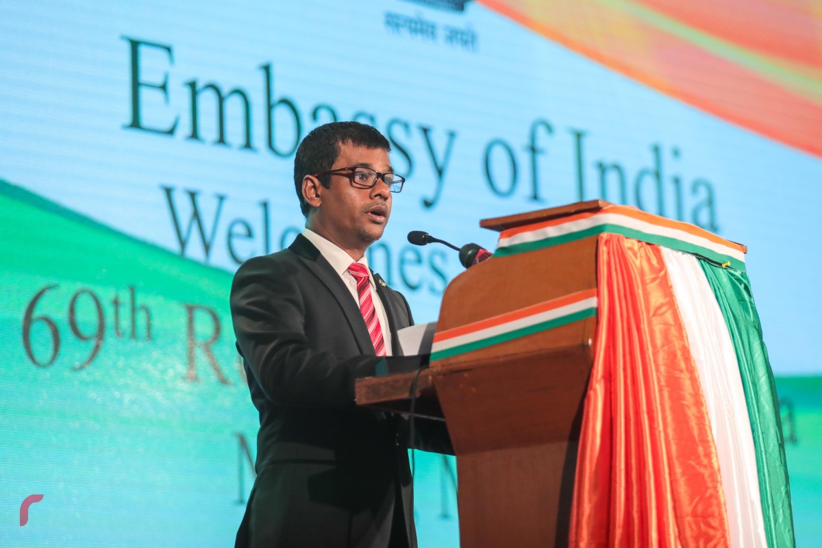 ޖެނުއަރީ 26، 2018 : އިންޑިއާގެ 69 ވަނަ ޖުމްހޫރީ ދުވަހުގެ މުނާސަބަތުގައި ޣިޔާސުއްދީން އިންޓަނޭޝަނަލް ސްކޫލްގައި ބޭއްވި ހާއްސަ ހަފްލާގައި ހެލްތު މިނިސްޓަރު ނާޒިމް ވާހަކަފުޅު ދައްކަވަނީ -- ފޮޓޯ: މުހައްމަދު ޝަރުހާން