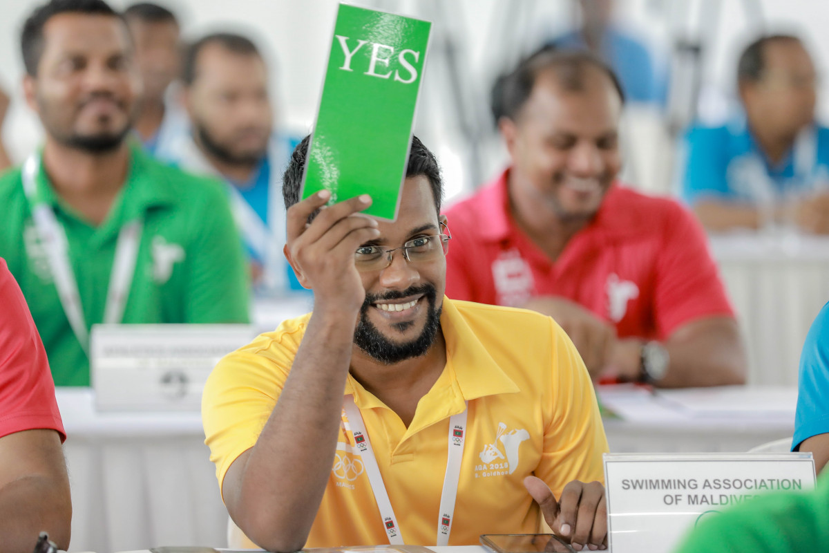 އޭޕްރިލް 21، 2018: ބ. ގޮއިދޫގައި ކުރިއަށްގެންދިޔަ މޯލްޑިވްސް އޮލިމްޕިކް ކޮމިޓީގެ އަހަރީ އާންމު ޖަލްސާގެ ތެރެއިން -- ފޮޓޯ: އިމޭޖަސް އެމްވީ