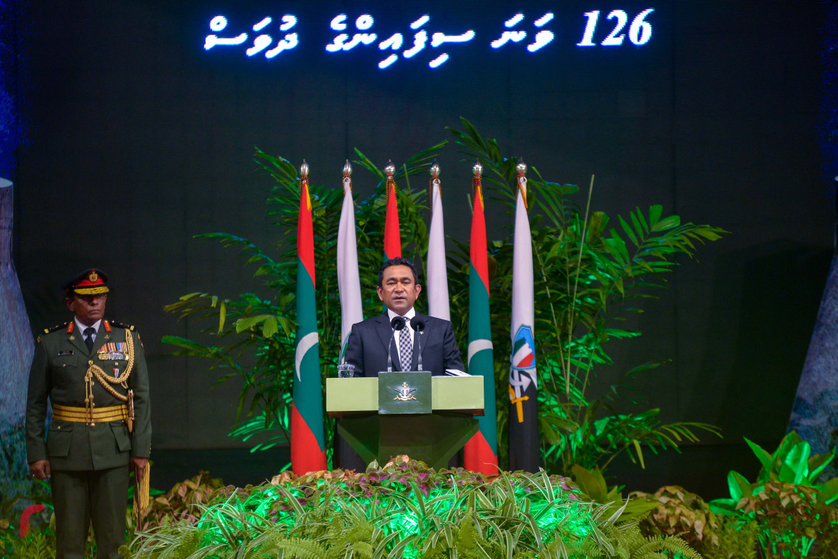 އޭޕްރިލް 25، 2018: ސިފައިންގެ 126 ވަނަ އަހަރީ ދުވަސް ފާހަގަ ކުރުމަށް ބޭއްވި ރަސްމިއްޔާތުގައި ރައީސް އަބްދުﷲ ޔާމީން ވާހަކަފުޅު ދައްކަވަނީ
