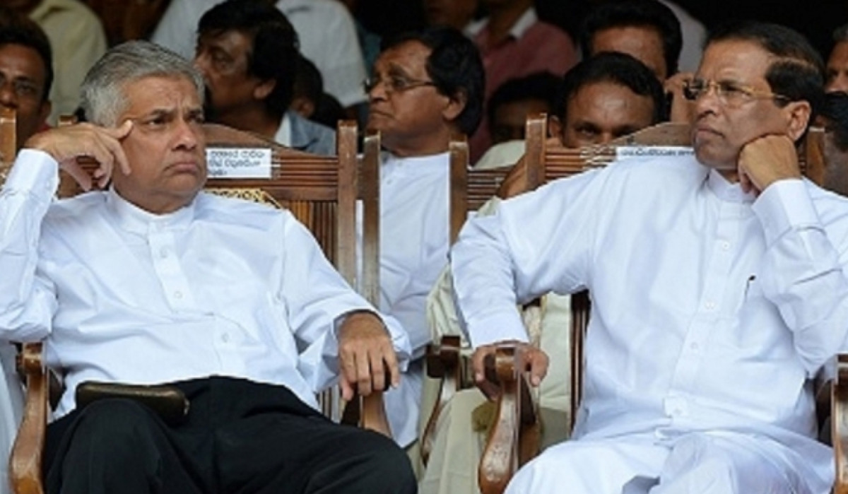 ލަންކާގެ ރައީސް މައިތިރިޕާލަ ސިރިސޭނާ (ކ) އާއި ބޮޑު ވަޒީރު ރަނިލް ވިކްރަމަސިންހަ (ވ)