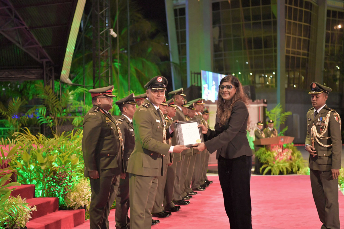 24 April 2019 --Defence Minister Mariya Didi with MNDF officers-- Photo: President's Office