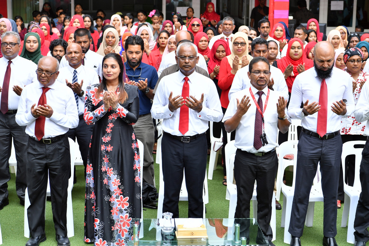 25 އޭޕްރިލް 2019 --އިސްކަންދަރު ސުކޫލަށް 58 އަހަރު ފުރުން ފާހަގަ ކުރުމަށް ބޭއްވި ރަސްމިއްޔާތުގެ ތެރެއިން، މި ރަސްމައްޔާތު ޝަރަފުވެރި ކޮށްދެއްވީ ރައީސުލް ޖުމްހޫރިއްޔާ-- ފޮޓޯ: ރައީސް އޮފީސް
