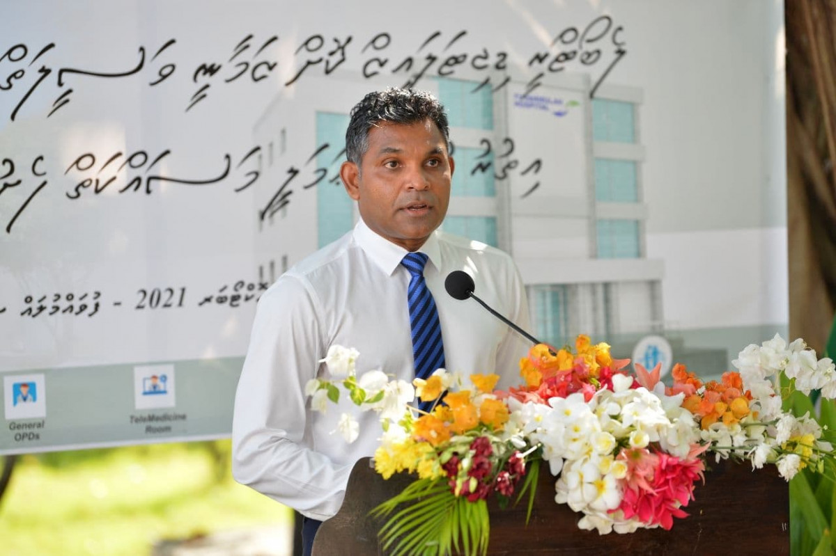 Vice President Faisal Naseem at the ceremony to launch the project to close up the navigational channels dug across the Fuvahmulah City reef