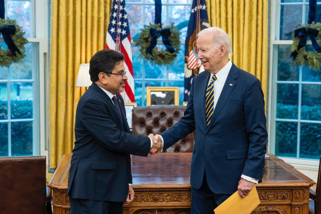The President of the United States of America, Joe Biden and Ambassador of the Maldives to the United States of America, Abdul Ghafoor Mohamed