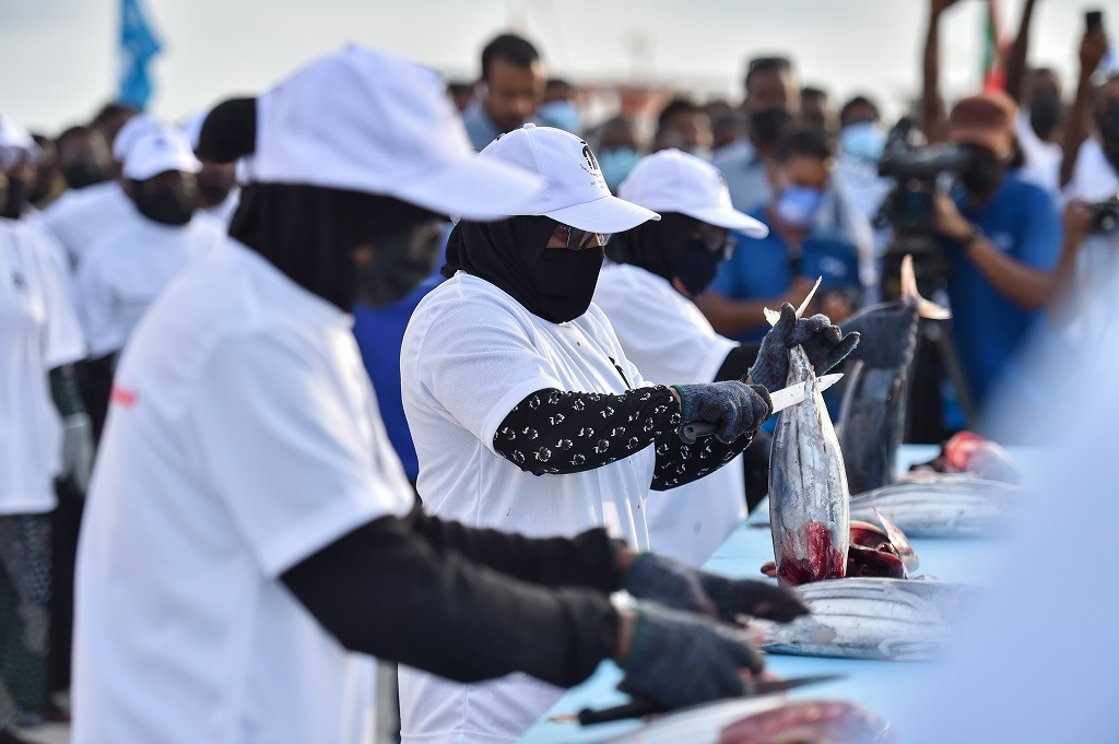 41 ވަނަ ޤައުމީ މަސްވެރިންގެ ދުވަސް ފާހަގަކުރުމަށް ކ. ގާފަރުގައި ދެ ޖިންސުގެ މީހުންނަށް އަމާޒުކޮށްގެން ބޭއްވި މަސްކެނޑުމުގެ މުބާރާތުގައި އަންހެނުން މަސްކަނޑަނީ - ފޮޓޯ: ރައީސް އޮފީސް