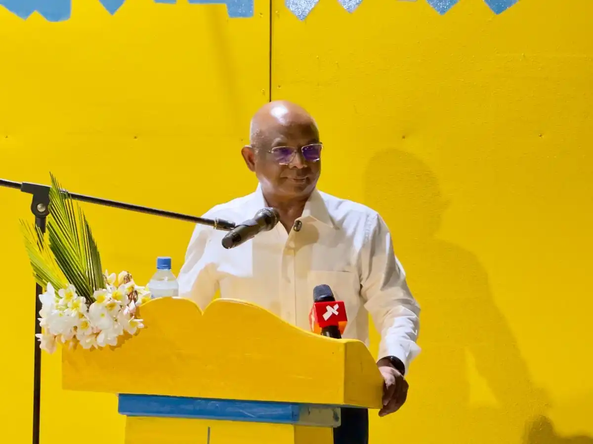 MDP President Abdulla Shahid addresses a gathering at the party’s activity center in L. Maavah. | RaajjeMV