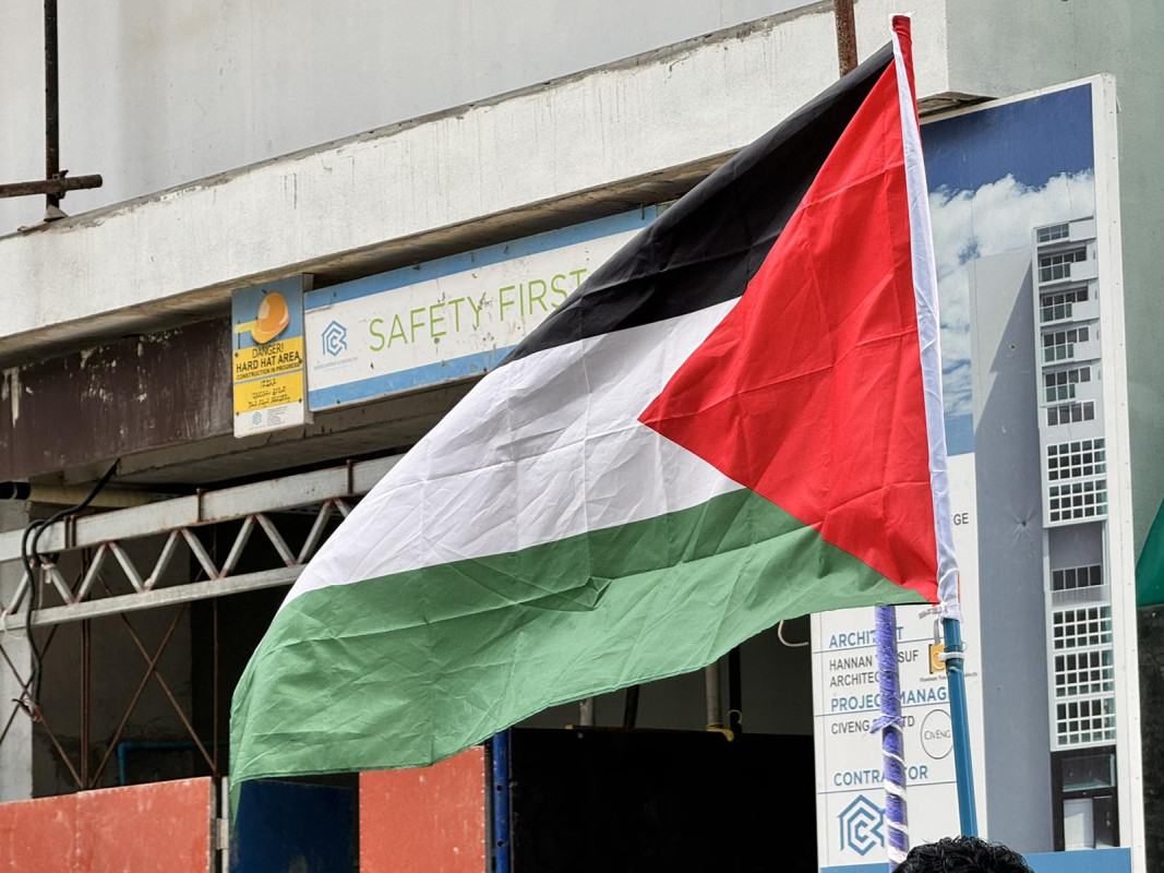 އިޒްރޭލް ޕާސްޕޯޓް މަނާކުރުމަށް ގޮވާލާ ކުރި މުޒާހަރާގެ ތެރެއިން - އެއްވުމުގަައި ބޭނުންކުރި ފަލަސްތީނުގެ ދިދައެއް - ފޮޓޯ: ޙުސައިން މަޚްތޫމް