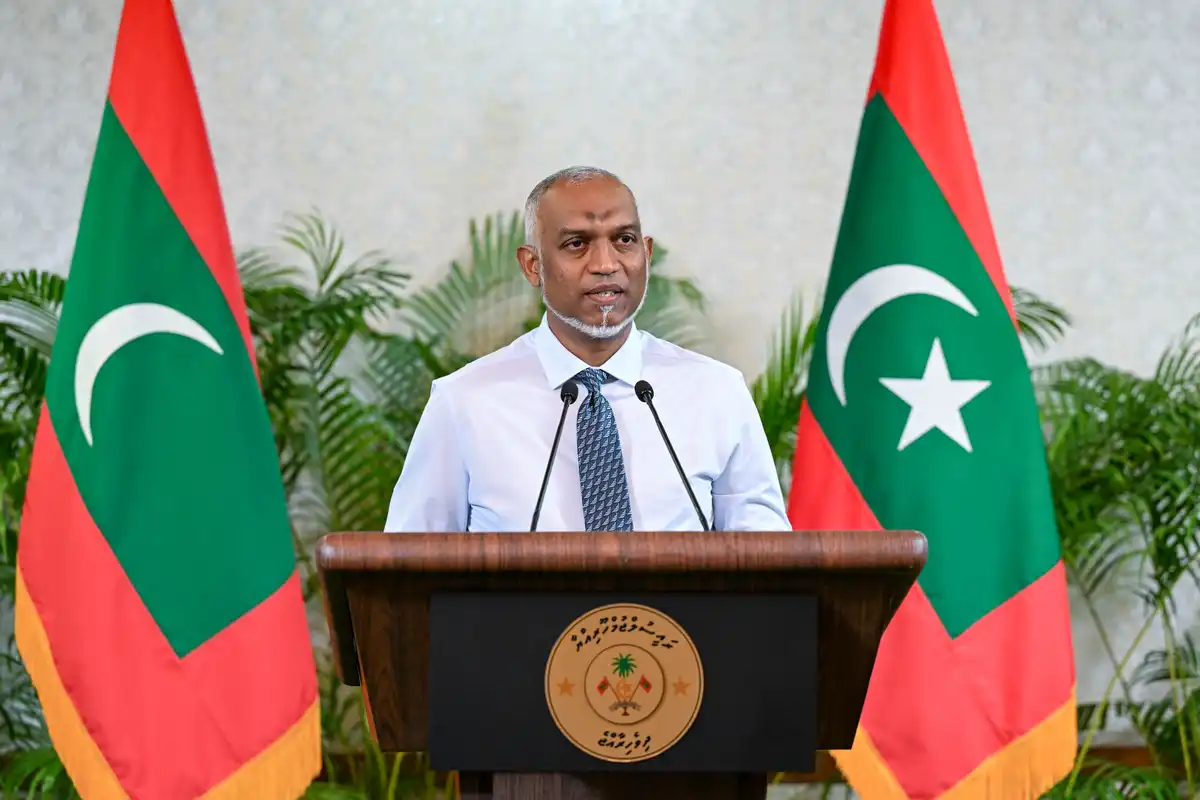 President Dr. Mohamed Muizzu delivering remarks at a press conference.