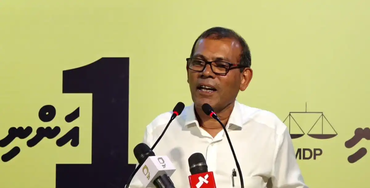 Former President Mohamed Nasheed delivers a speech during the "Bodu Badhalu" campaign rally held on Tuesday night, May 19, 2026.