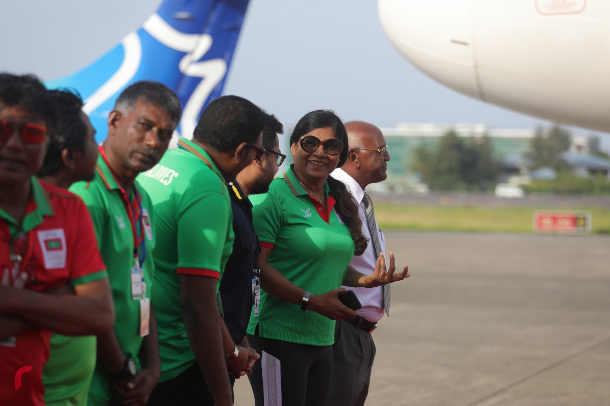 29 ޖުލައި 2019 --ޓީމަށް މަރުހަބާ ދެންނެވުމަށް ޑިފެންސް މިނިސްޓަރ މާރިޔާ އެއާރޕޯޓުގައި-- ފޮޓޯ: ޝުއައިބް މުހައްމަދު