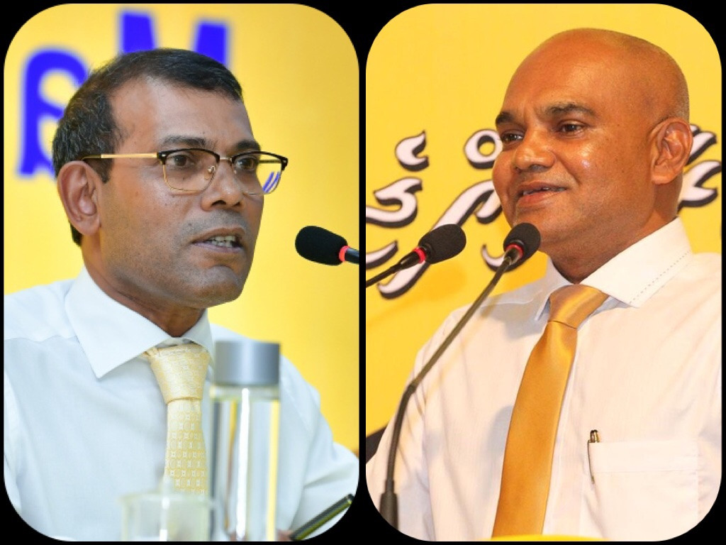 Former President Mohamed Nasheed (L) and Alifushi constituency MP Ali Rasheed Hussain (R)