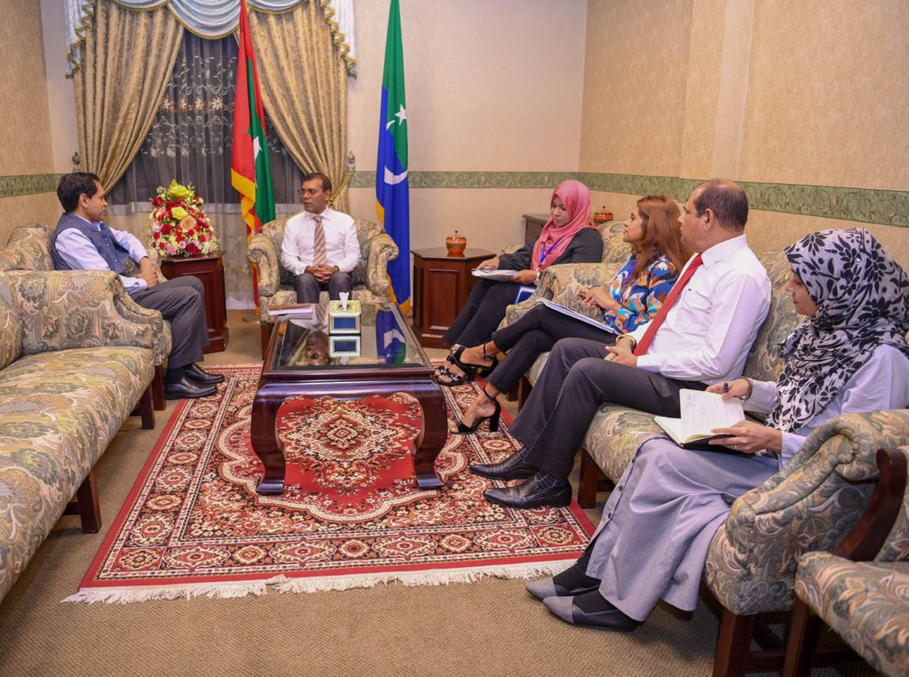 Indian Ambassador Sunjay Sudhir pays a courtesy call on new parliament speaker, former President Mohamed Nasheed