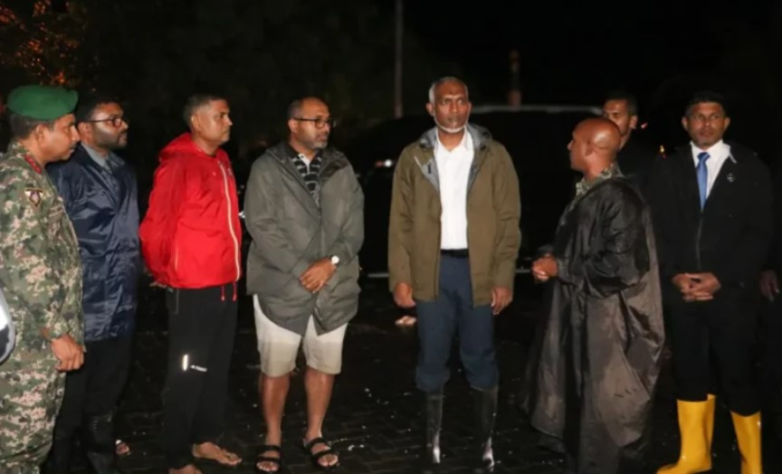 President Dr. Mohamed Muizzu inspects damage incurred on a rainy day last year