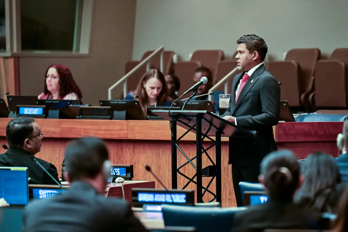 Vice President Hussain Mohamed Latheef delivers remarks at the "High-Level Plenary Meeting on Addressing the Existential Threats Posed by Sea Level Rise," held on the sidelines of the 81st Session of the United Nations General Assembly.