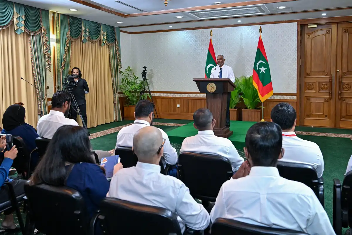 President Muizzu speaks during a press conference held at the President's Office on Monday. | President's Office