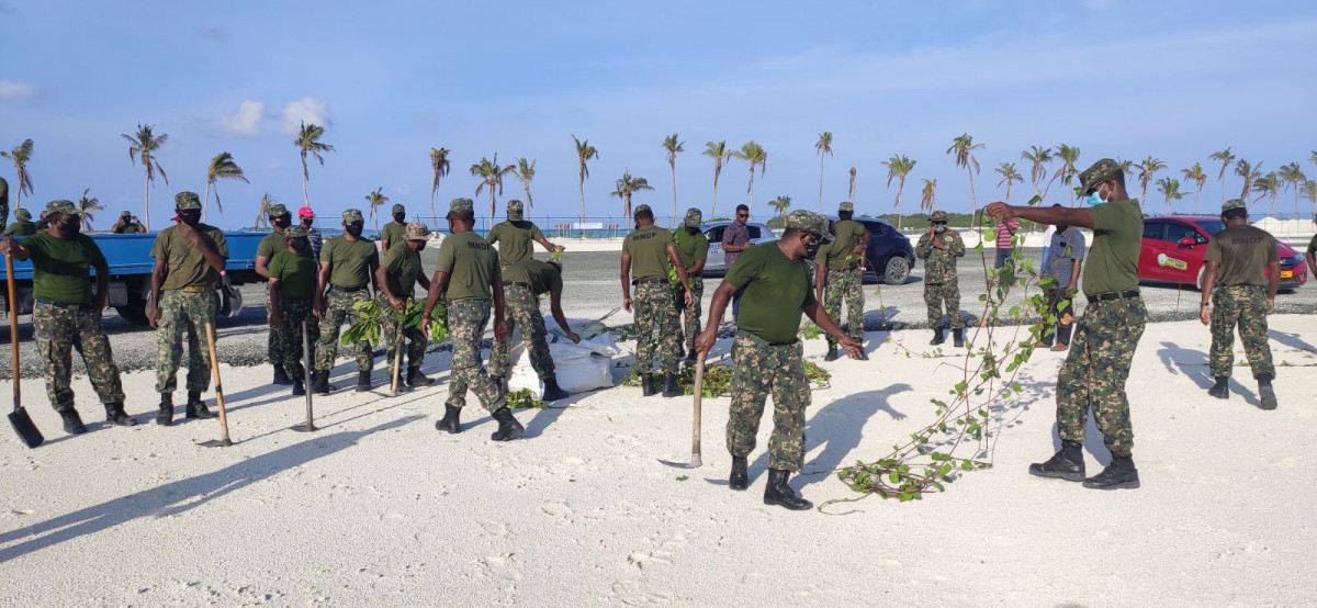 ހޯރަފުށީ އެއަރޕޯޓްގައި ގަސް އިންދުމަށް ރައްޔިތުން ހިންގާ ޕްރޮގްރާމުގައި އެމްއެންޑީއެފުން ބައިވެރިވުން - ހޯރަފުށި އެއަރޕޯޓު ފެހި ކުރުން، އަހަރުމެން އެންމެންގެ ޒިންމާ" މި ޝިޢާރުގެ ދަށުން ގަސް އިންދުމުގެ ހަރަކާތް ވަރަށް ފޯރިއާއި އެކު ކުރިއަށްދޭ - ފޮޓޯ: ހޯރަފުށި ކައުންސިލް