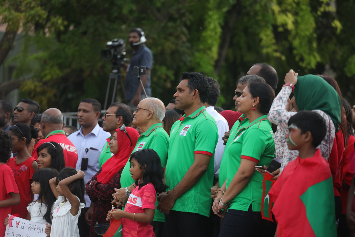 29 ޖުލައި 2019 --ދިވެހި ޓީމުގެ ޑެލިގޭޝަނަށް މާލޭ އެއް ނަމްބަރު ފާލަމުން މަރުހަބާ ދަންނަވަނީ-- ފޮޓޯ: ޝުއައިބް މުހައްމަދު