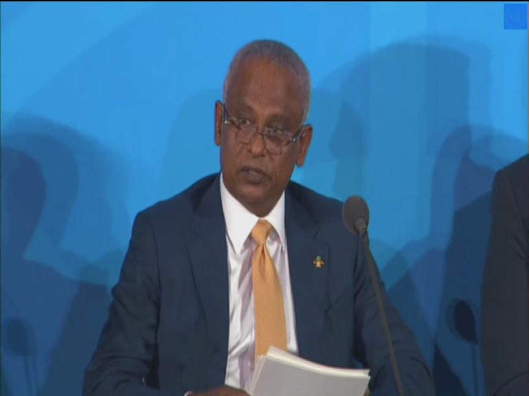 President Solih takes the podium at the Climate Action Summit