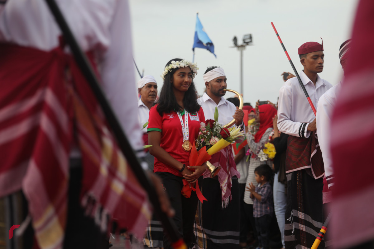 29 ޖުލައި 2019 --ދިވެހި ޓީމުގެ ޑެލިގޭޝަނަށް މާލޭ އެއް ނަމްބަރު ފާލަމުން މަރުހަބާ ދަންނަވަނީ-- ފޮޓޯ: ޝުއައިބް މުހައްމަދު