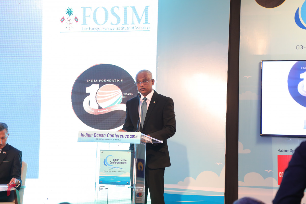 03 ސެޕްޓެމްބަރ 2019 | 4 ވަނަ ސައުތް އޭޝިއަން ކޮންފަރެންސް ފެށުމުގެ ގޮތުން ރައީސުލްޖުމްހޫރިއްޔާ އިބްރާހިމް މުހައްމަދު ސާލިހް ވާހަކަފުޅު ދައްކަވަނީ -- ފޮޓޯ: ޝުއައިބް މުހައްމަދު