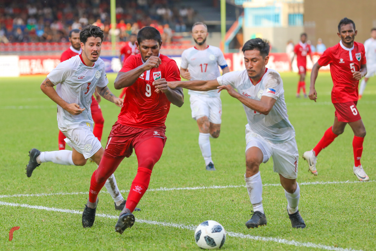 ވޯލްޑްކަޕް ކޮލިފައިން ދިވެހިރާއްޖެ އާއި ފިލިޕީންސް ބައްދަލުކުރި މެޗުގެ ތެރެއިން -- ފޮޓޯ: ރާއްޖެ.އެމްވީ