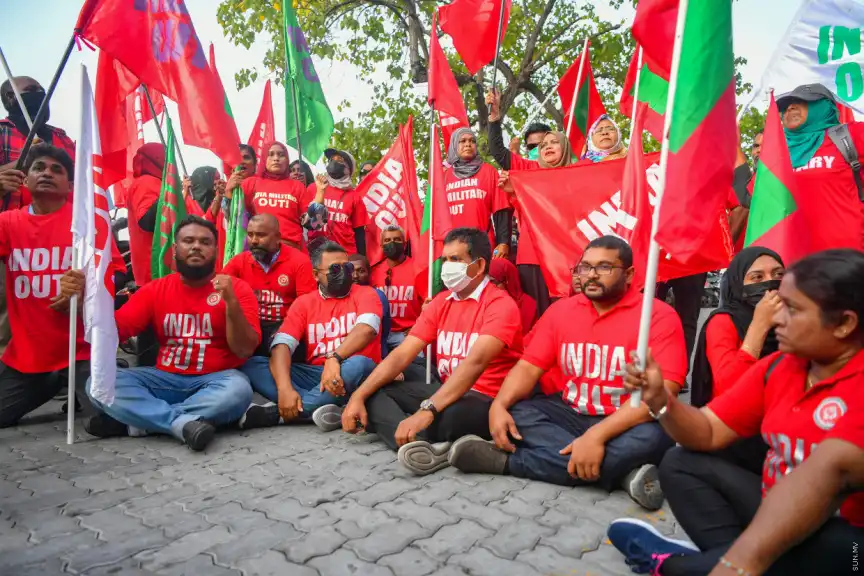Mohamed Saeed participates in a protest organized by the opposition coalition as part of the 'India Out' campaign held in Male' — March 5, 2022.