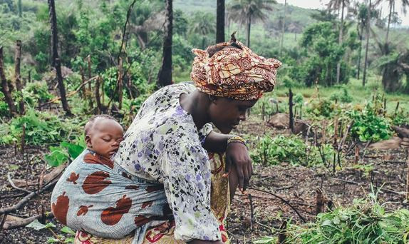 އަންހެނަކު ކުޑަ ކުއްޖަކު ގޮވައިގެން އިނދެ މަސައްކަތް ކުރަނީ