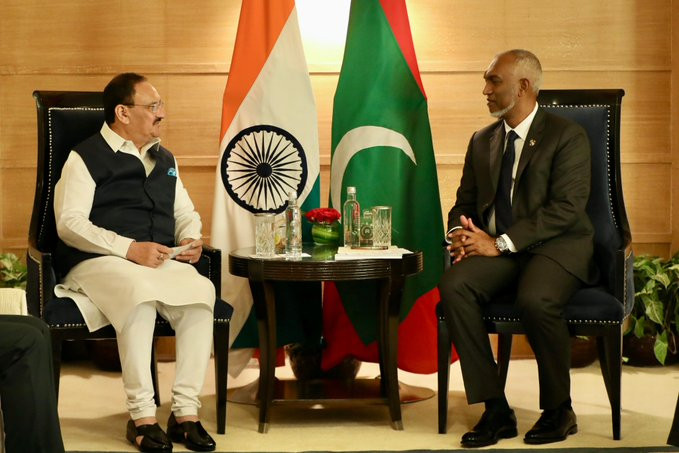 BJP National President Shri JP Nadda interacting with the Maldivian president in New Delhi
