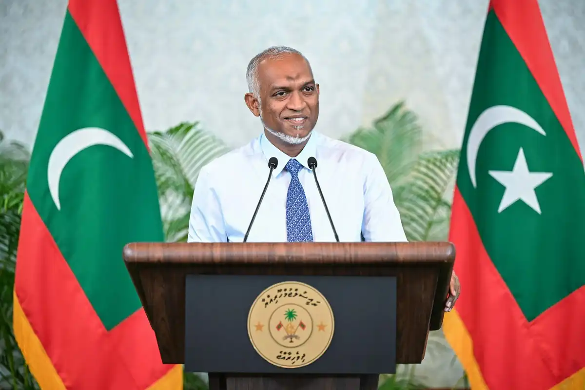 President Dr. Mohamed Muizzu speaks during a press conference held on Monday.