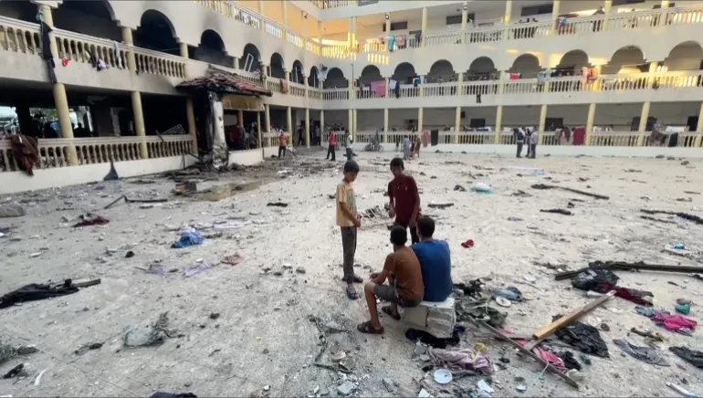 This image from a video shows the yard of the Gaza City school after being hit by an Israeli air strike on August 10, 2024