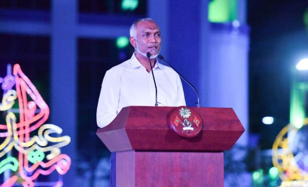 President Dr. Mohamed Muizzu speaking at the ceremony to unveil the newly established Republic Square water fountain on Monday