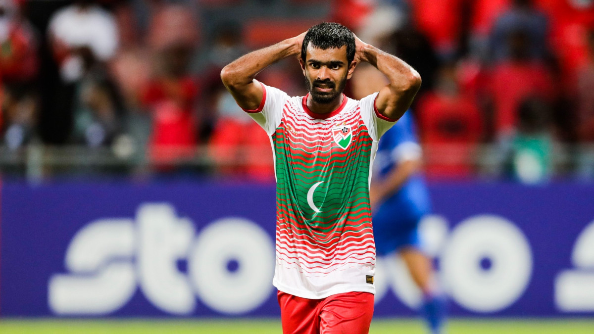 ނޭޕާލާއި ރާއްޖެ ބައްދަލުކުރި މެޗުގެ ތެރެއިން ގައުމީ ޓީމުގެ ފޯވާޑް އިބްރާހީމް މަހުދީ (ފޭދޫ އިއްބެ) - ފޮޓޯ: އިމޭޖަސް.އެމްވީ