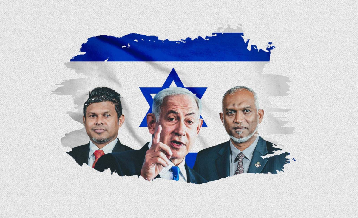 Vice President Hussain Mohamed Latheef (L) Israeli PM Benjamin Netanyahu (C), President Dr. Mohamed Muizzu (R)